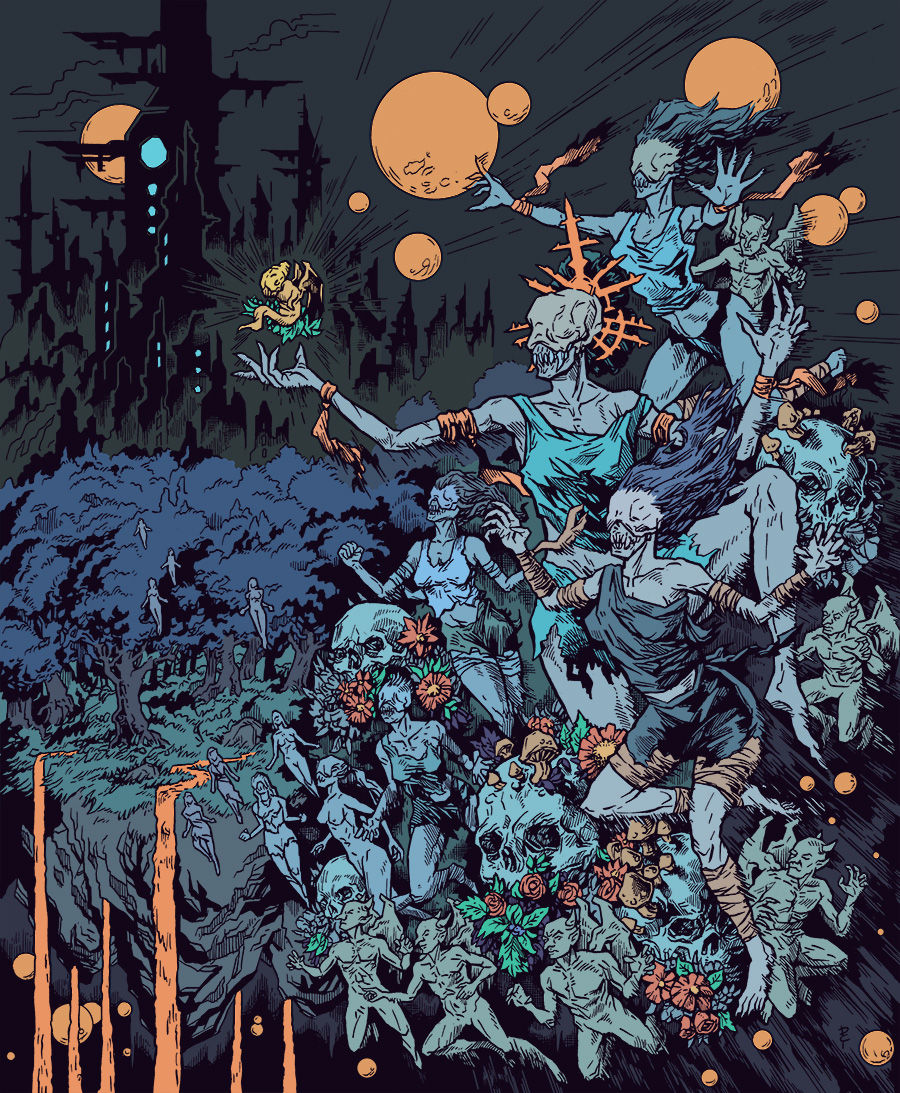 Fantasy scene with pale female figures reaching towards an orange moonlit sky. Vibrant flowers and flowing hair with dark cityscape in the background.