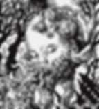 Gritty black and white drawing of a baby head with mechanical implants, surrounded by twisted branches and structures. Complex and surreal.