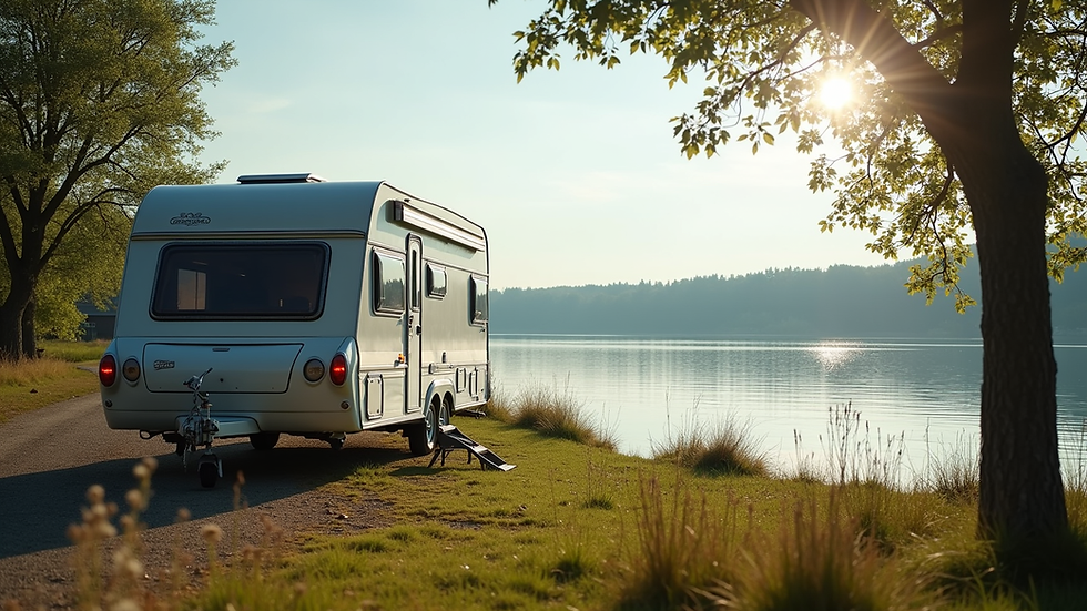 Eye-level view of a well-equipped caravan parked by a scenic lake