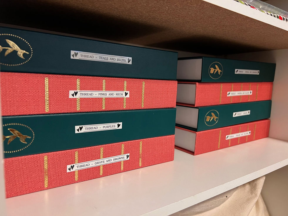 Labeled storage boxes of threads.