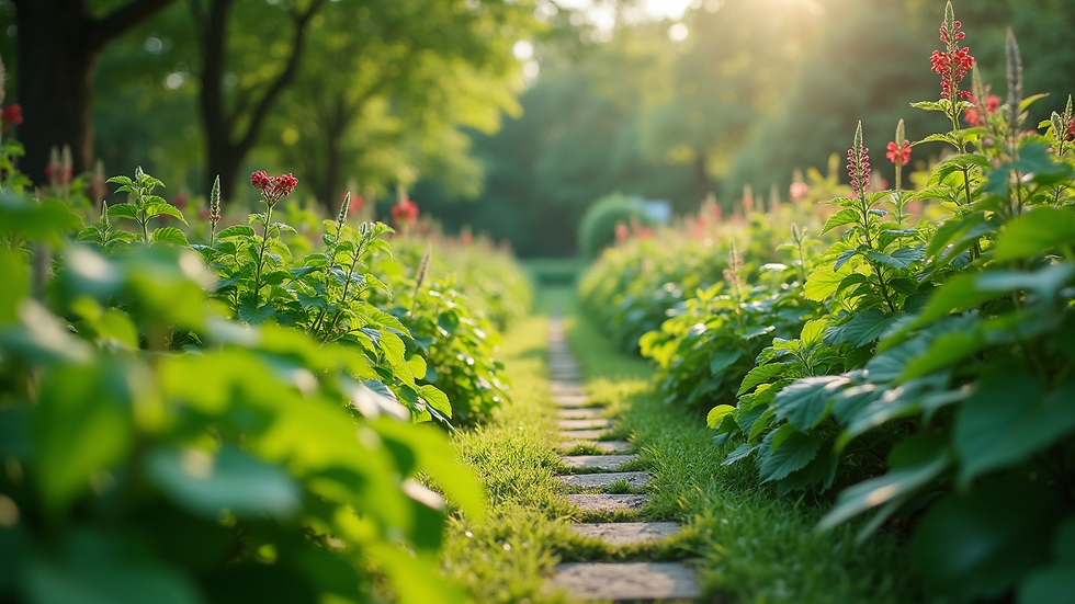 Eye-level view of a lush green garden with diverse plants