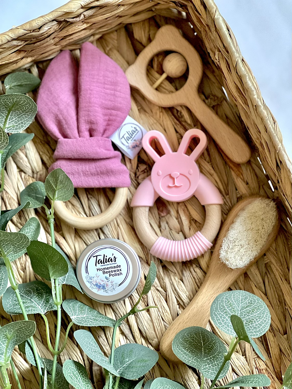 Thumbnail: Crinkle Bunny ear,Bear Rattle,Beeswax Polish, Hair Brush & Bunny 