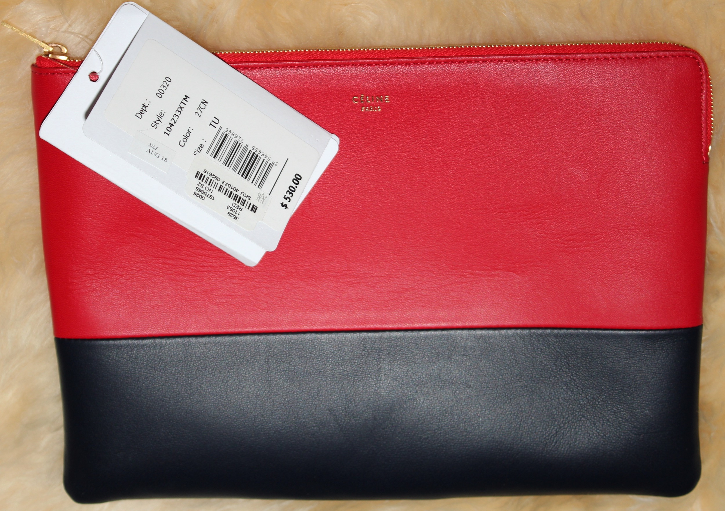 Céline Solo Pouch In Carmin Red/Navy Calfskin Clutch