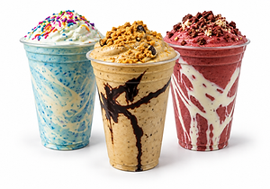 Illustration of three Better Blends smoothies: blue raspberry, coffee cookie crumble, and red velvet