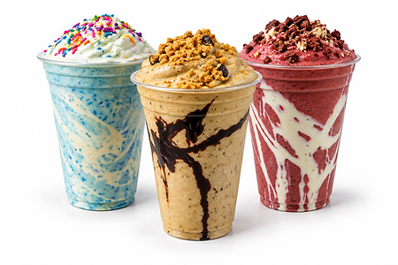 Illustration of three Better Blends smoothies: blue raspberry, coffee cookie crumble, and red velvet