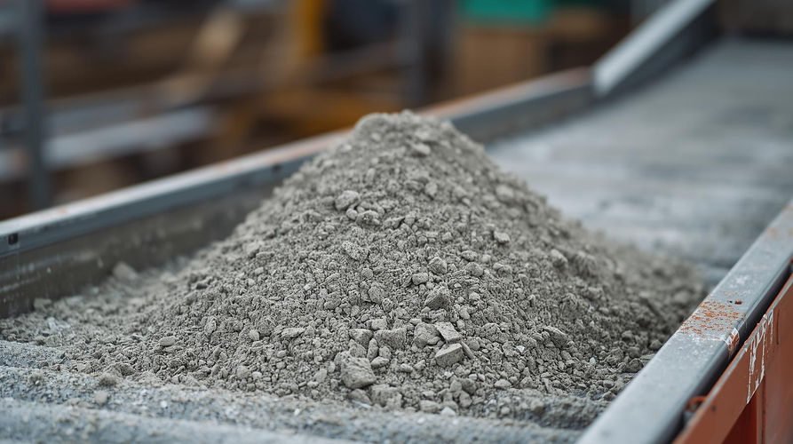 CREATE IMAGE_ _Heap of uniform gray dry mortar mix from KBC ploughshare mixer, fine free-f