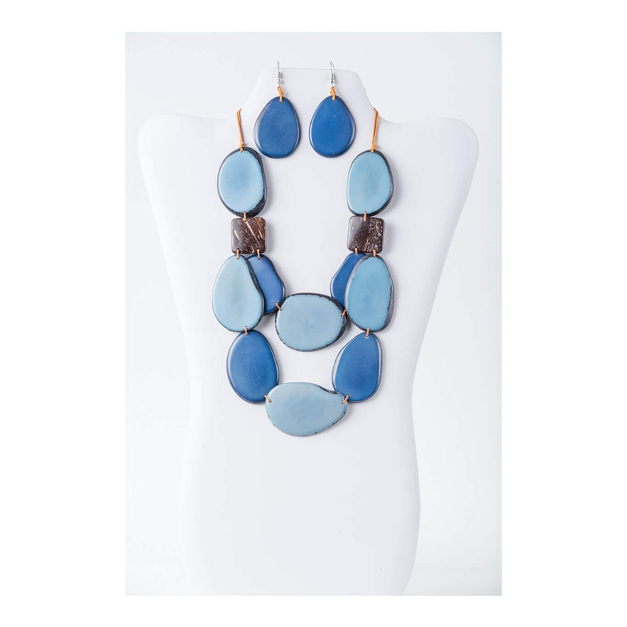 Blue Tagua coconut necklace and earrings set