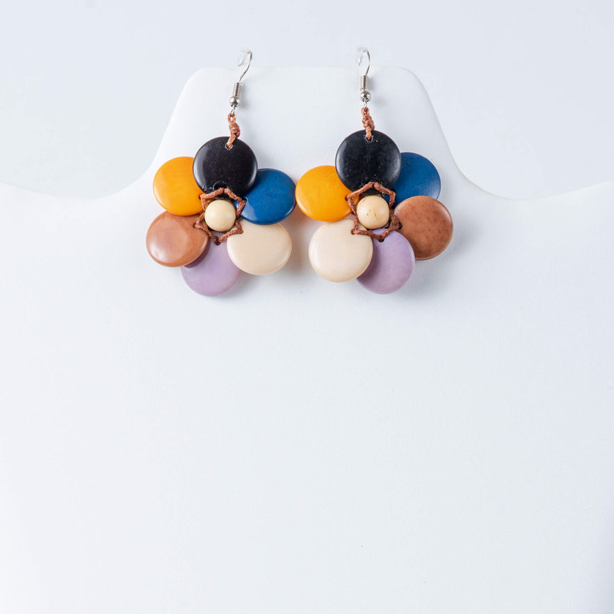 Colorful flower-shaped tagua earrings, handmade, organic and natural, lightweight, multicolored.