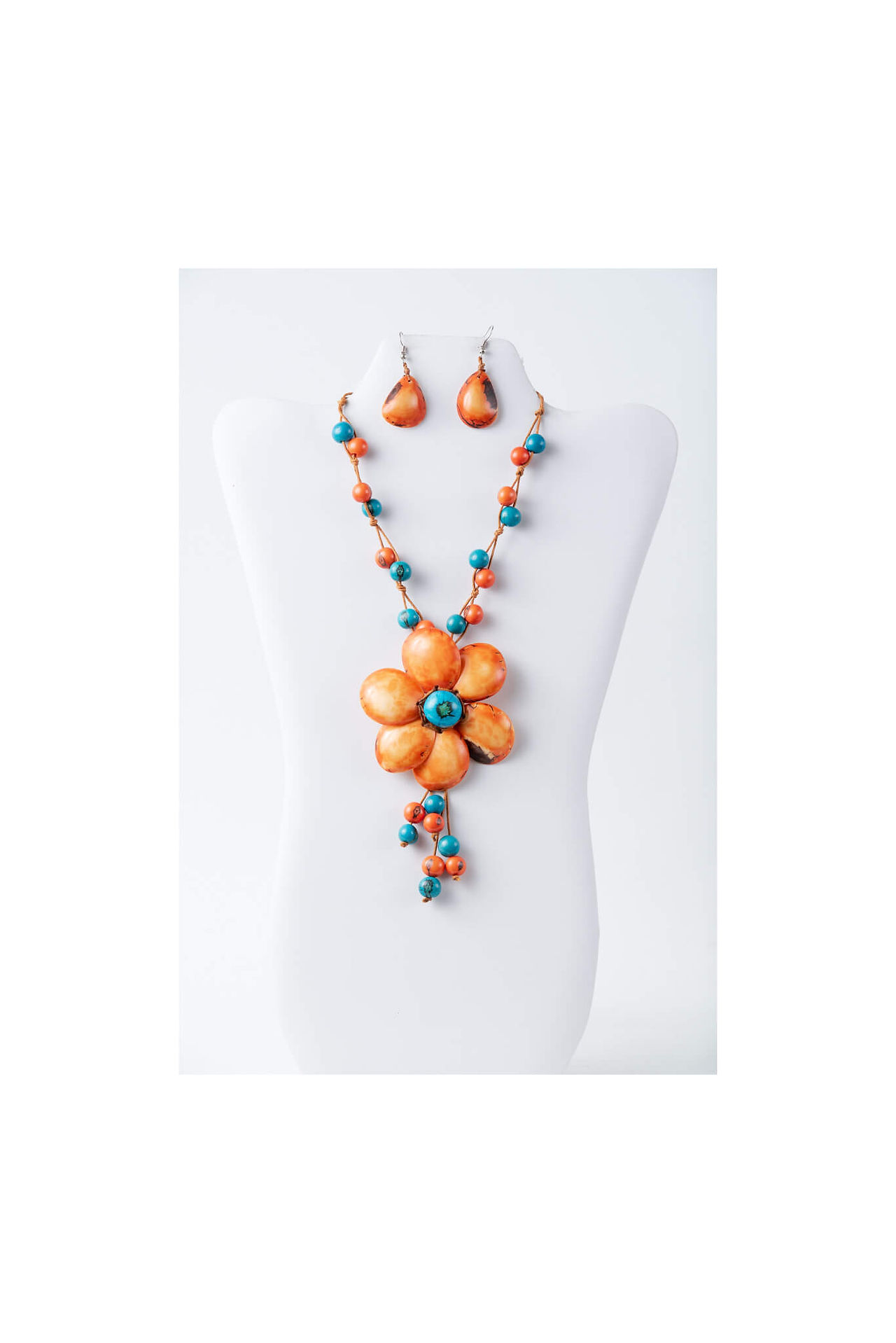 Long Orange and blue flower pendant tagua necklace and earrings