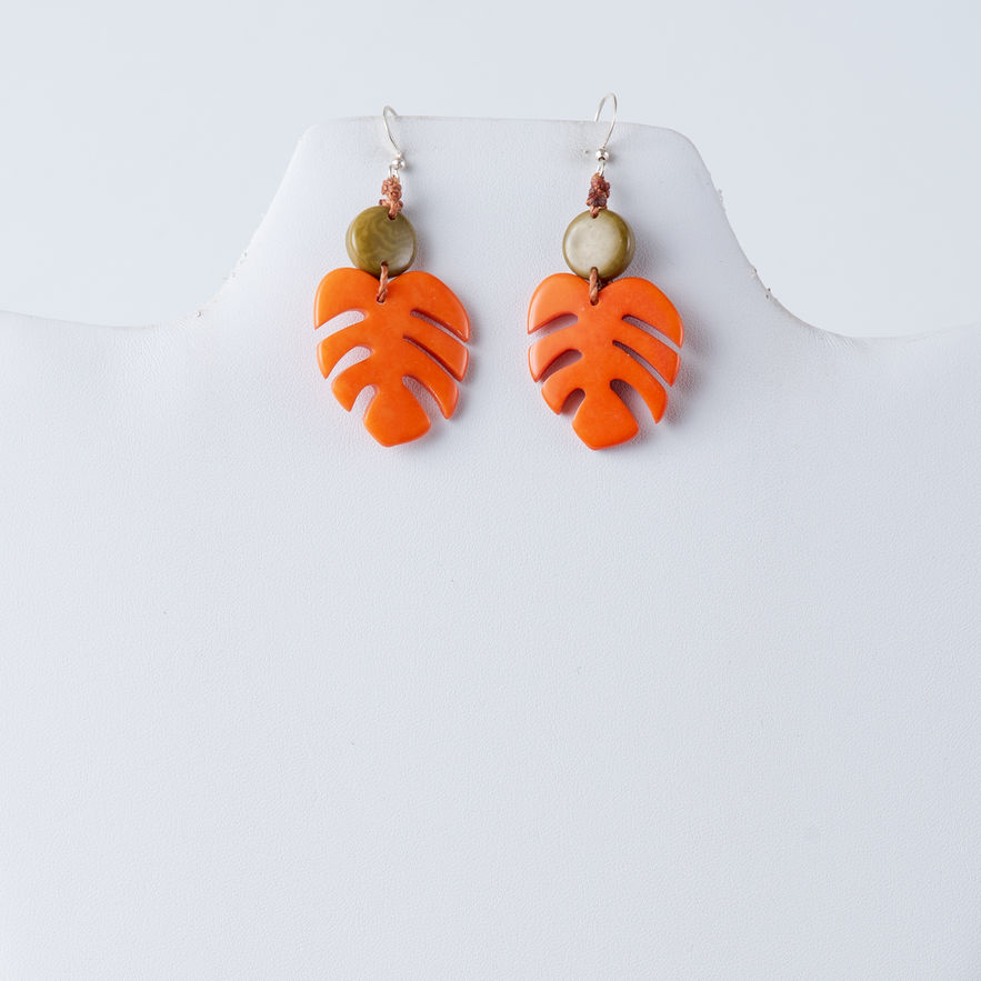 Orange Monstera leaf earrings
