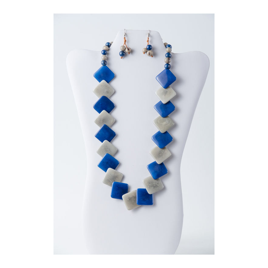 Navy Blue gray diamond tagua necklace set