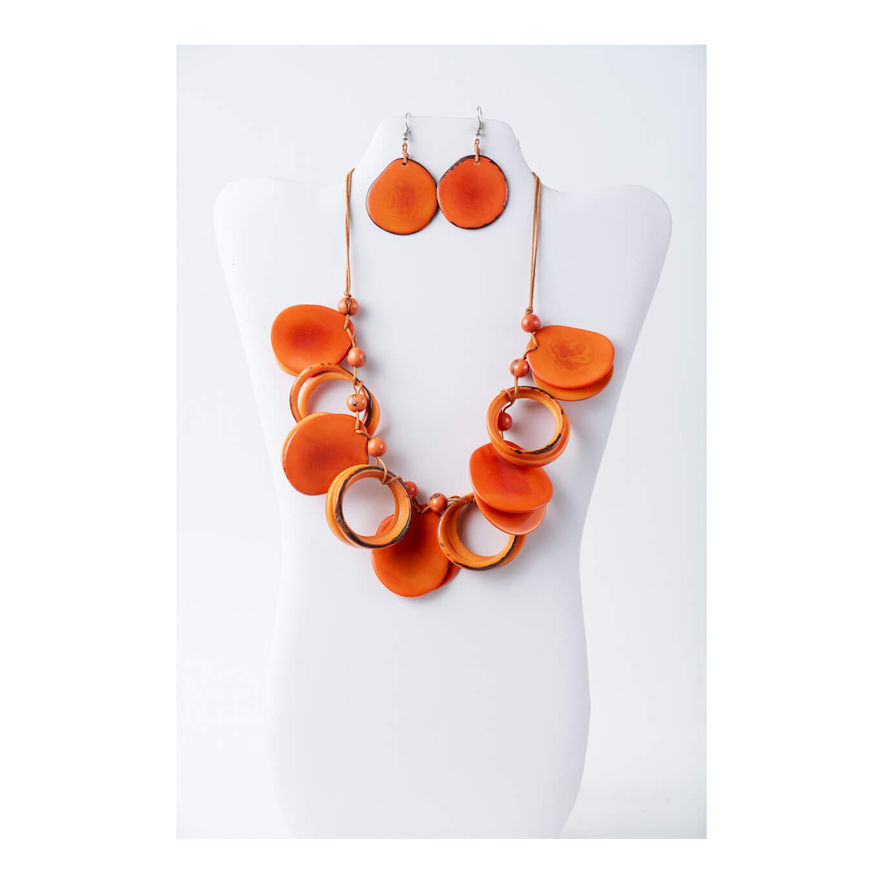 Orange Tagua necklace and earrings set