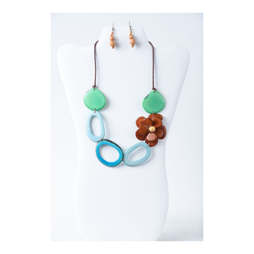 Multicolored Tagua necklace and earrings set with green, blue, and brown flower. Handmade, organic and lightweight.