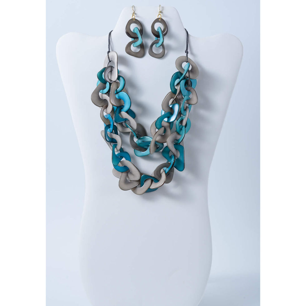 Handmade double-strand tagua link necklace with matching earrings in turquoise and gray, a unique gift for her