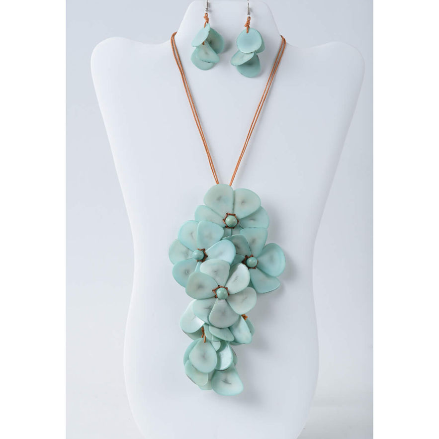 Short Layered Bib Tagua Necklace Set, green floral