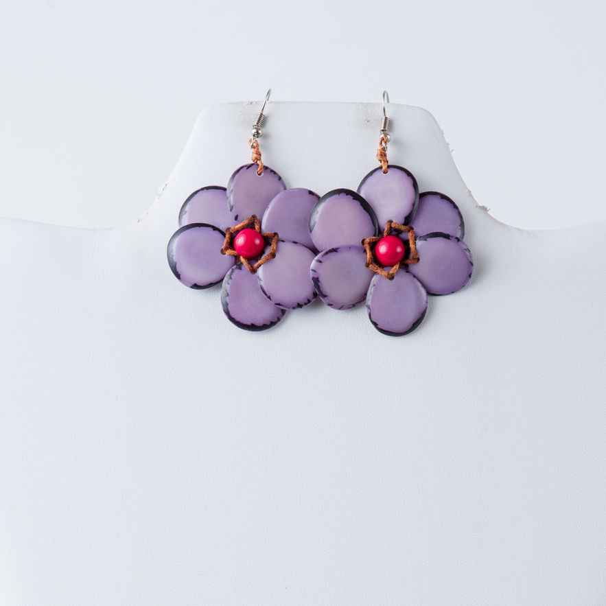 Purple flower earrings with red centers on a white background, TaguArtsy.