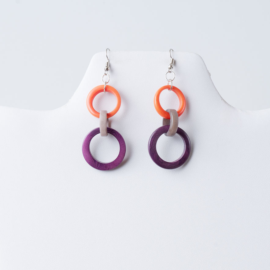 orange gray purple long dangle tagua earrings with 3 interlocking circles