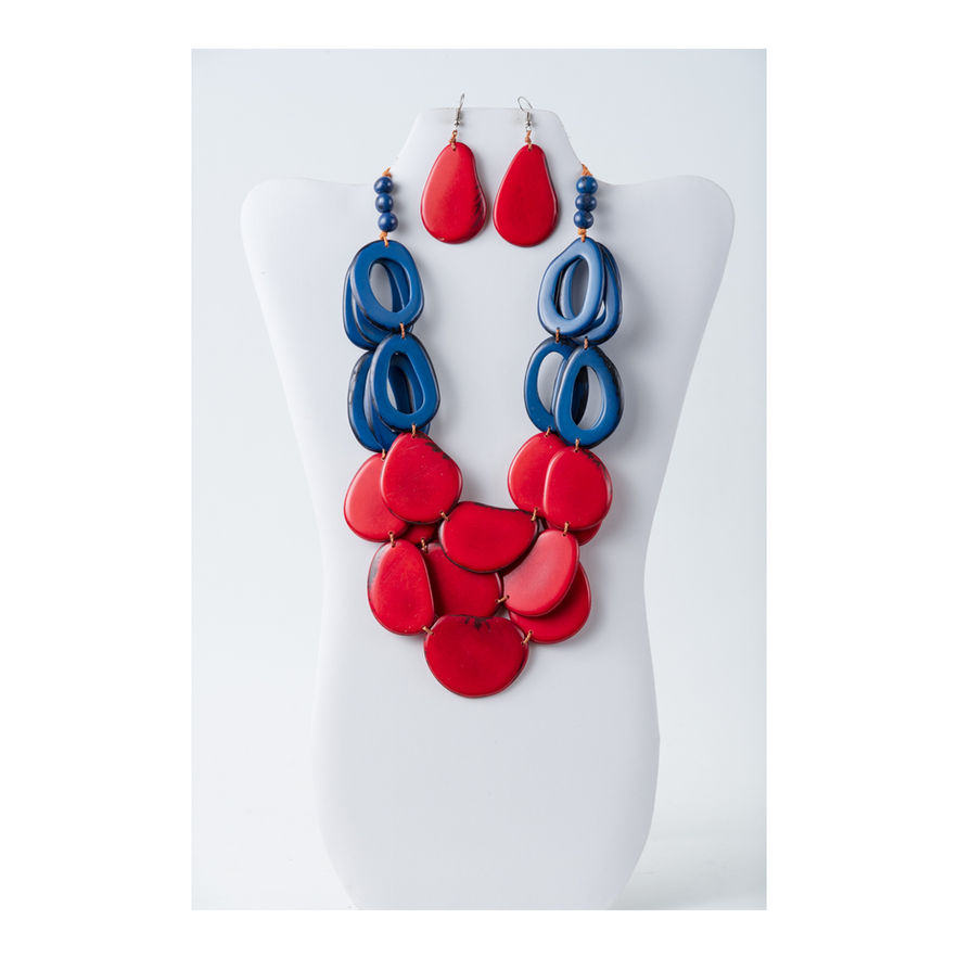 Blue and red layered tagua necklace and earrings