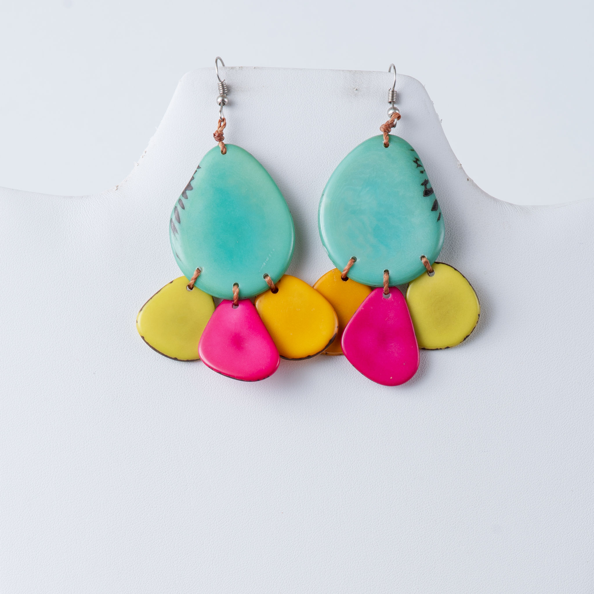 Colorful teardrop earrings with pink, yellow, and green accents