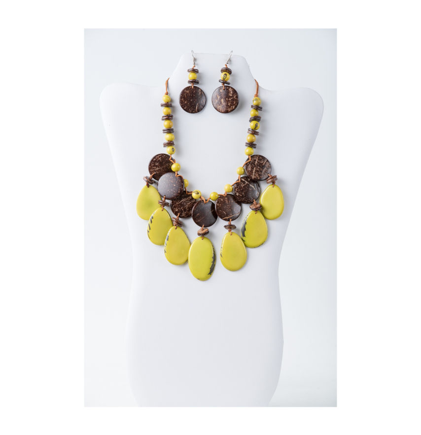 Yellow and brown statement tagua coconut necklace and earrings