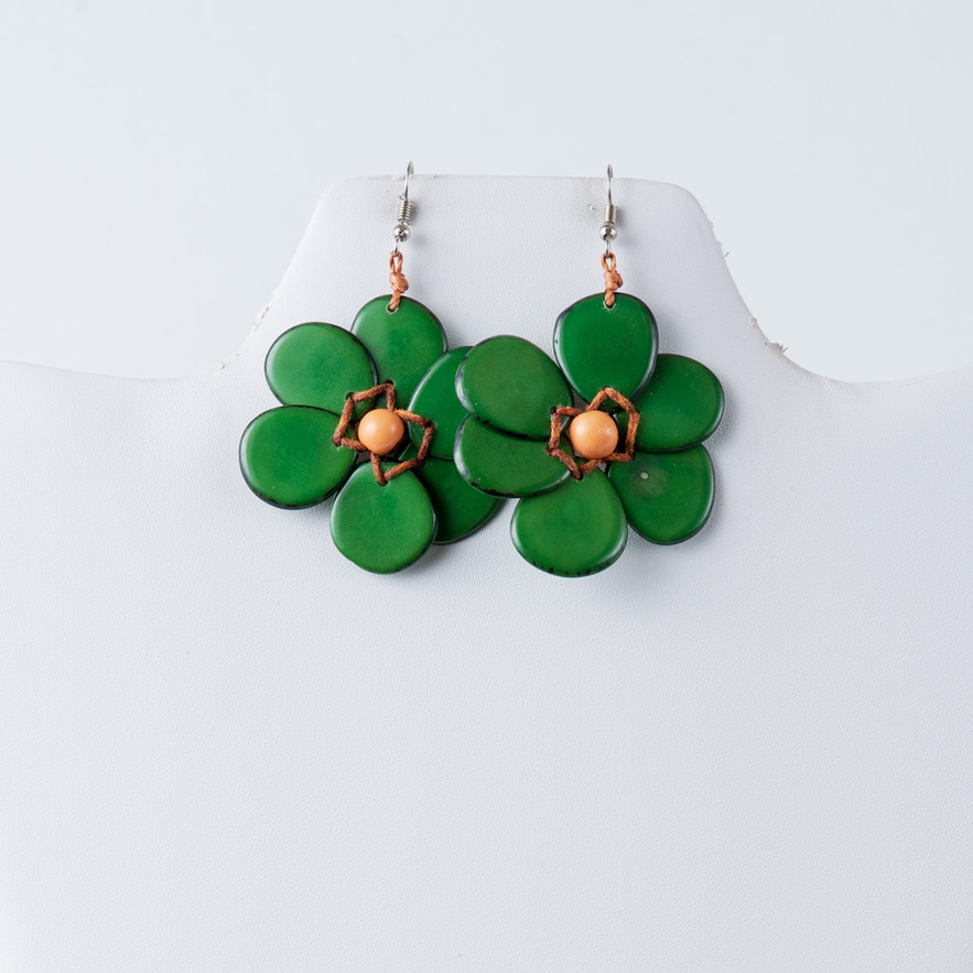 Green Flower Tagua Earrings on display, Hibiscus Flower Tagua Earrings, white background