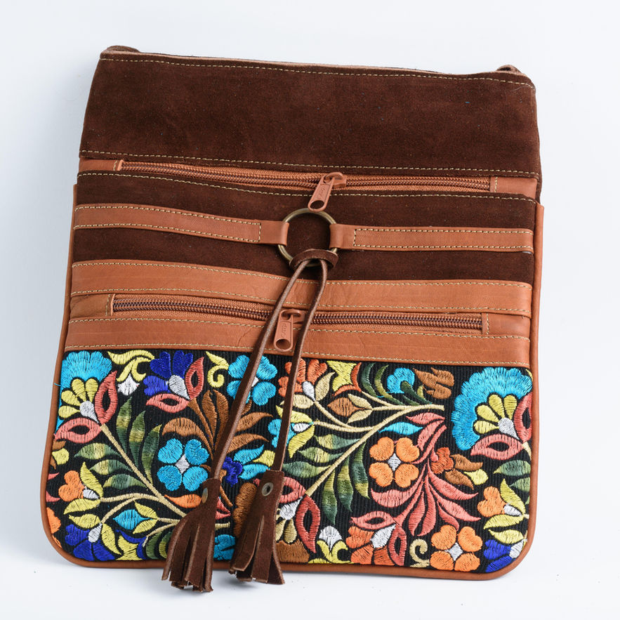 Brown leather crossbody bag with floral embroidery