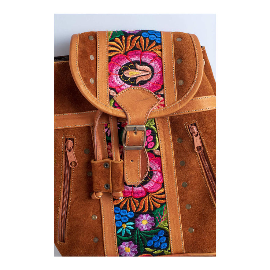 Brown leather backpack with embroidered flowers