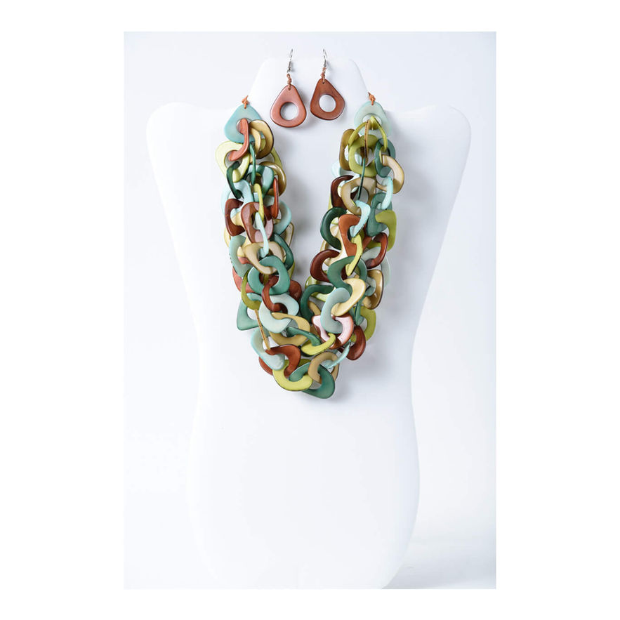 Colorful tagua  necklace and earrings  set artistic handmade, organic and natural, lightweight, multicolored jewelry.