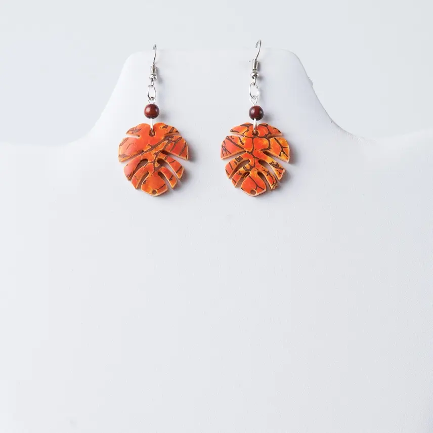 Orange Monstera Tagua Earrings, TaguArtsy