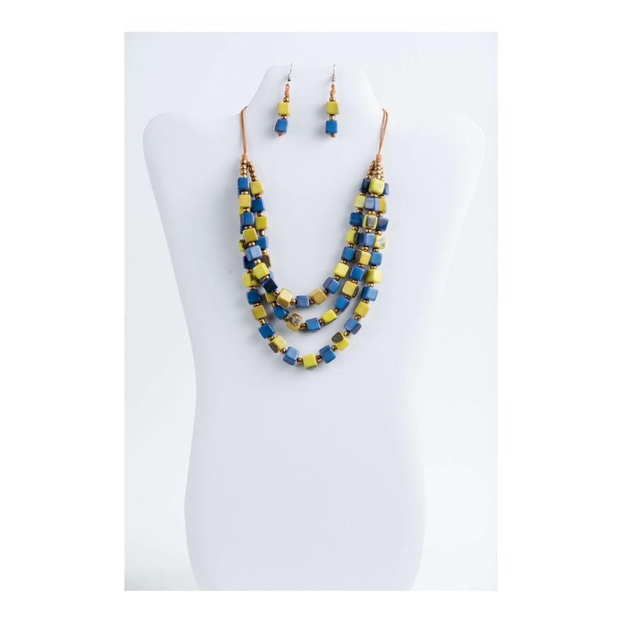 Three-strand necklace and earrings set: blue and yellow beads