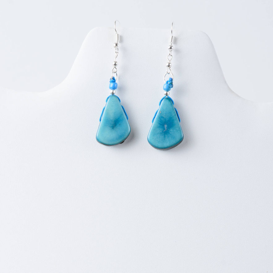 sky blue tagua earrings. lightweight, handcrafted, organic, natural fashion jewelry made from naturally sourced materials