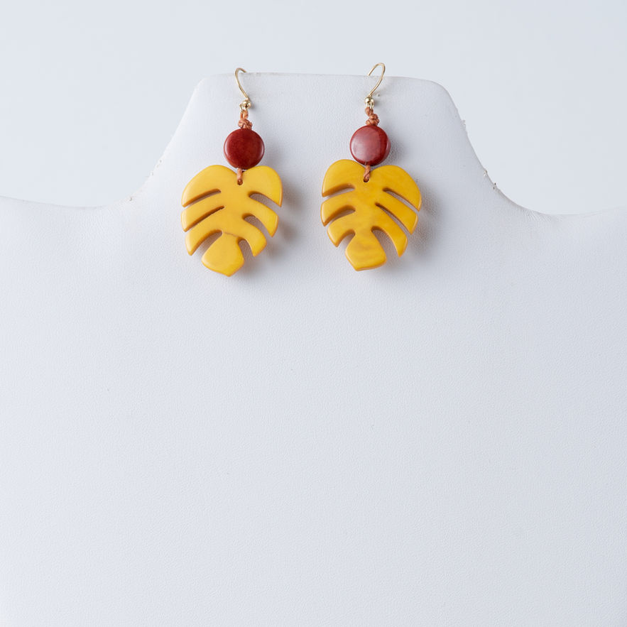 Yellow Monstera leaf earrings with brown accents