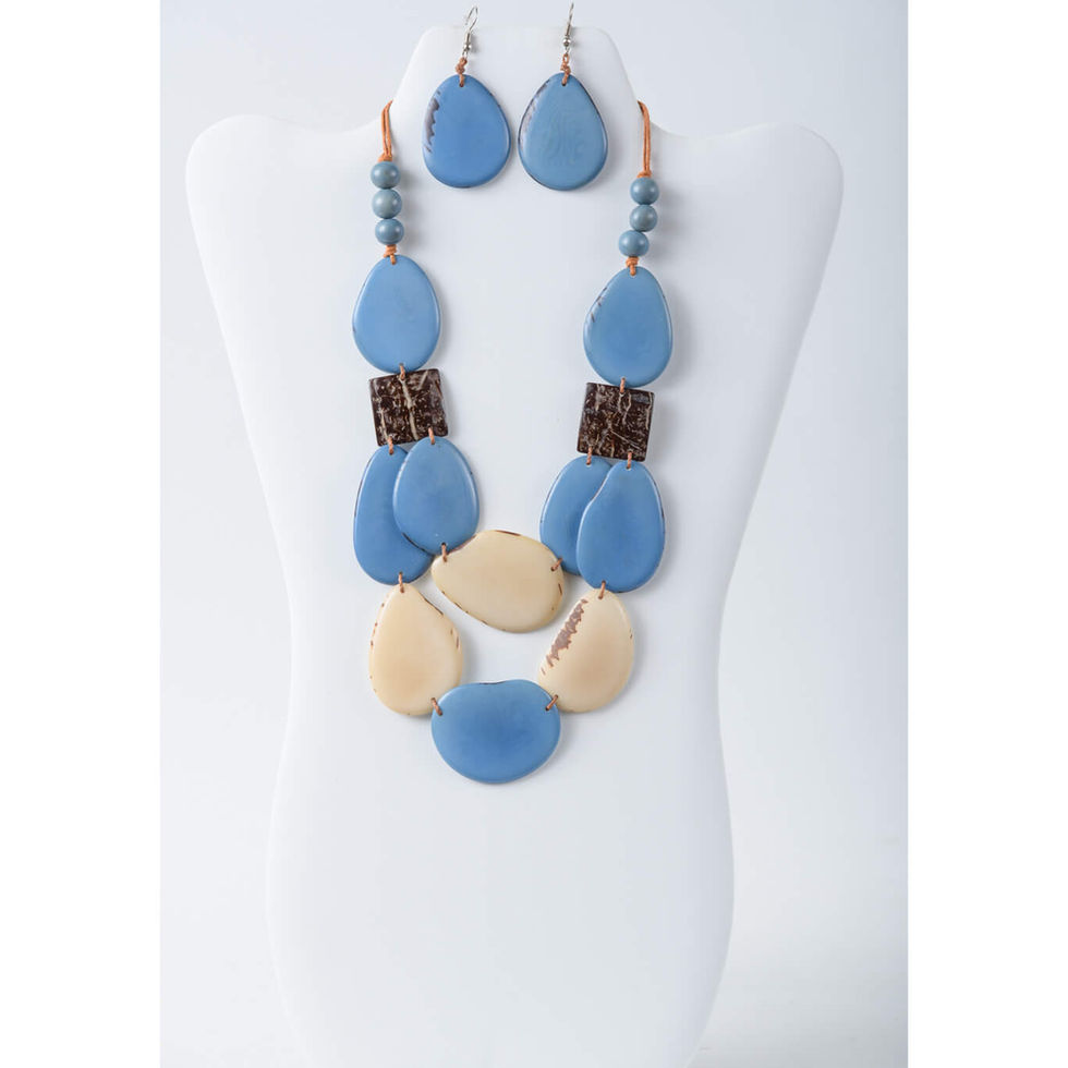 Laura Tagua Coconut Necklace Set Multi in blue and tan