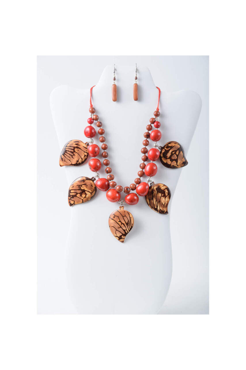 Vibrant red beaded necklace with natural leaf pendants and matching earrings.