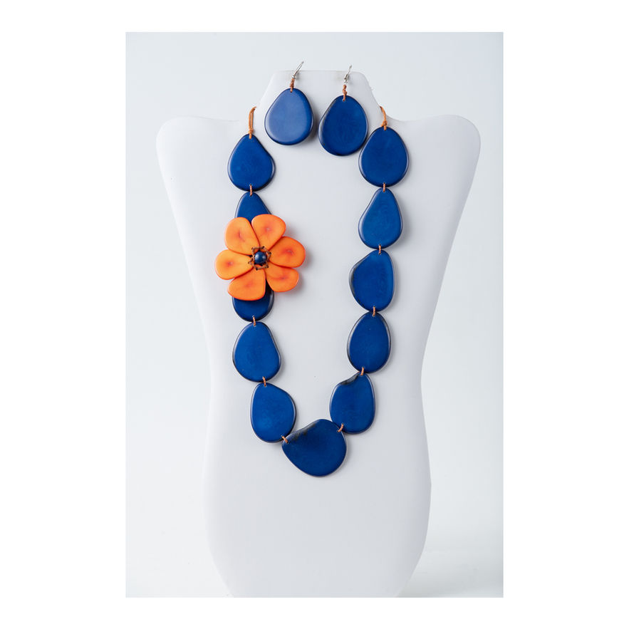 Royal Blue necklace with orange flower motif and matching earrings made from tagua, handmade, natural, light weight