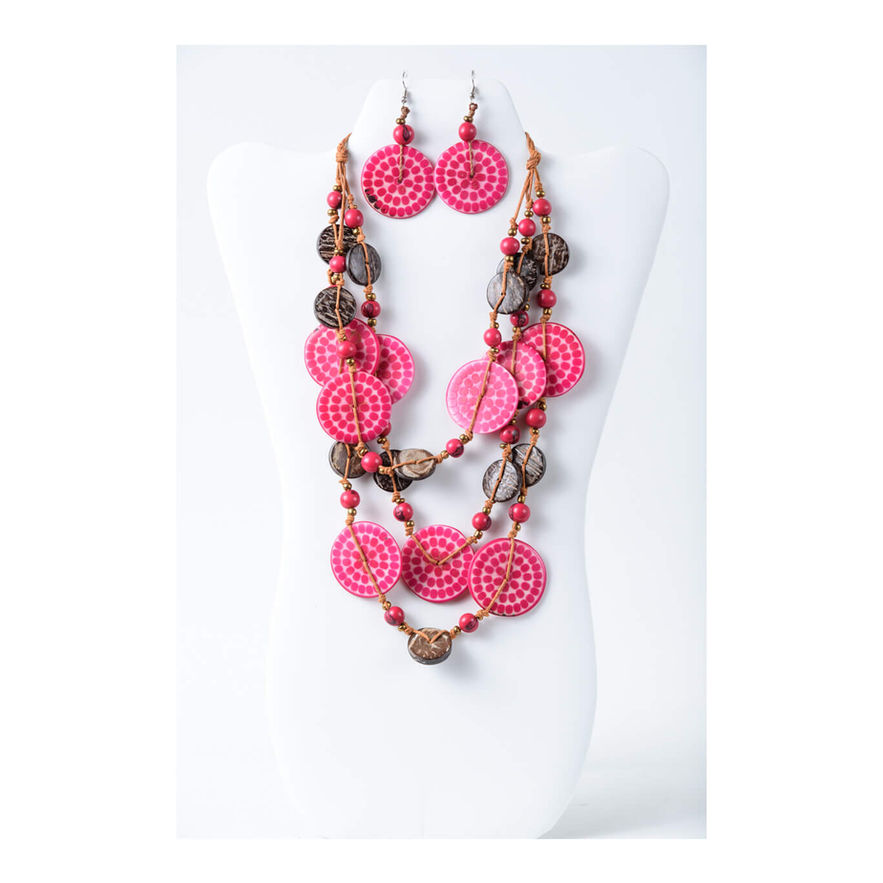 Pink tagua and coconut necklace and earring set on white mannequin, simple fashion accessory. handmade, organic and natural, lightweight. women's gift.
