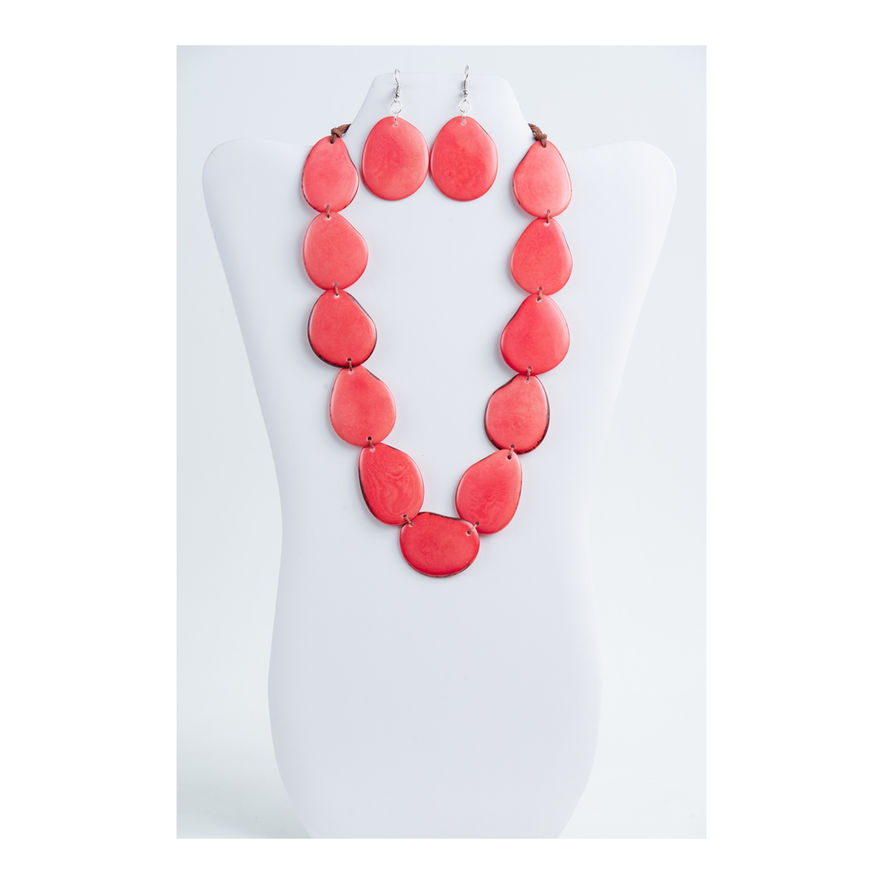 Coral tagua necklace and earrings set