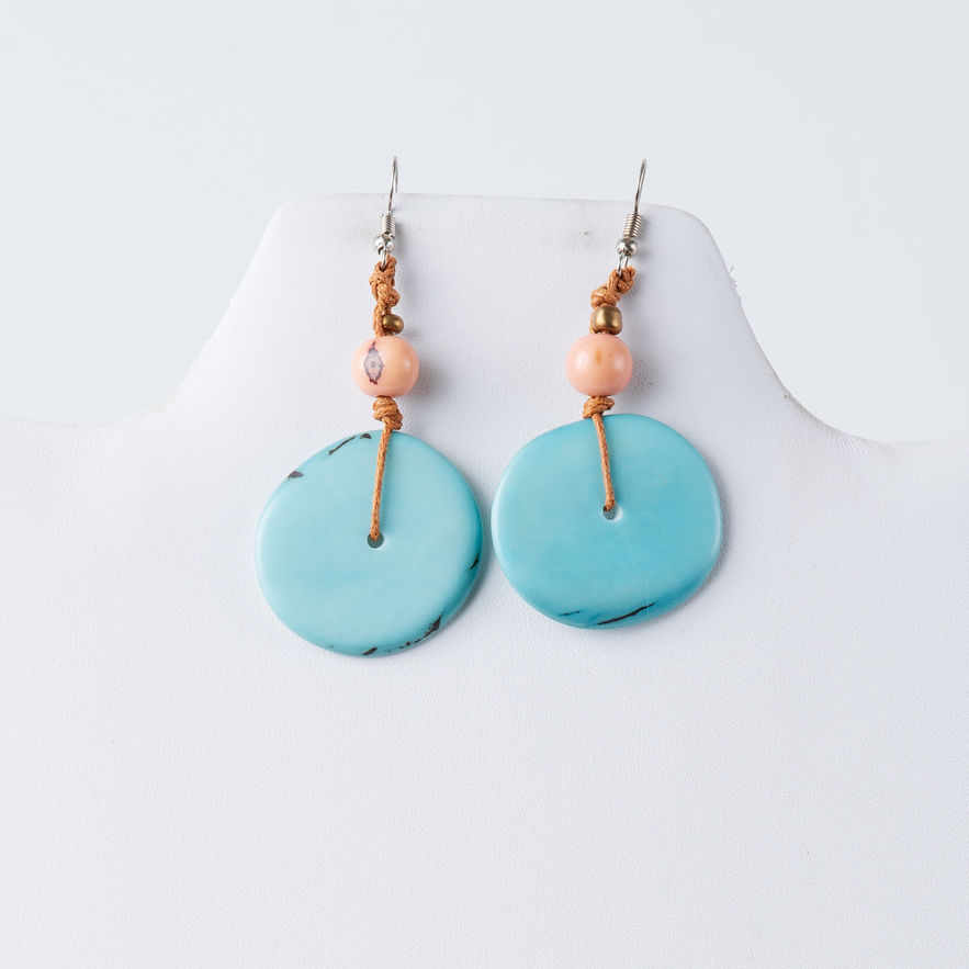 Light blue Tagua disc drop earrings with peach beads