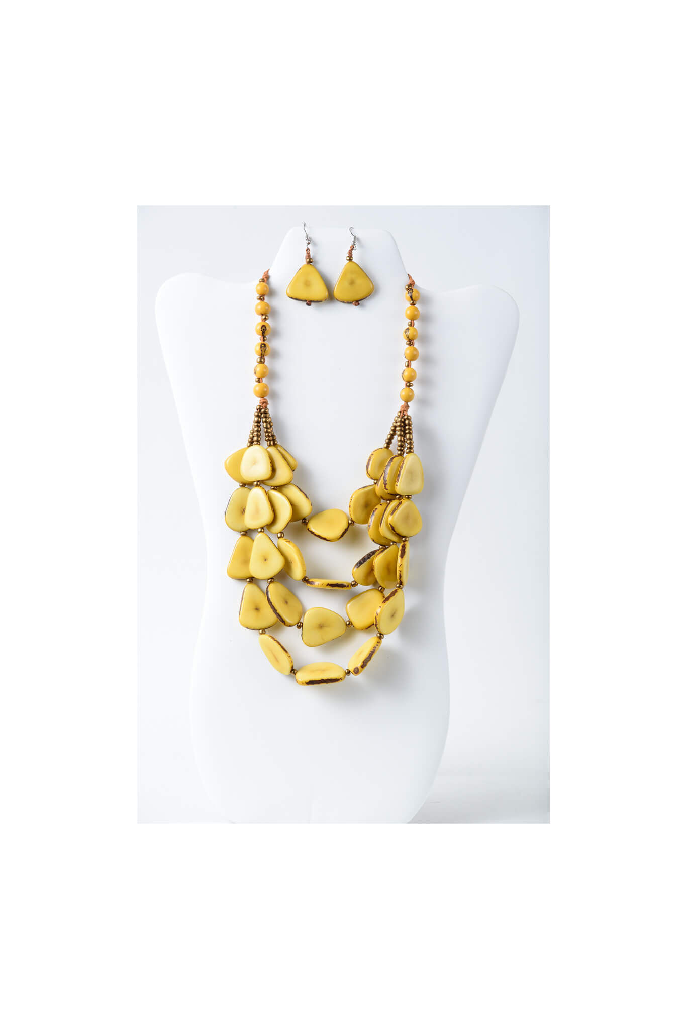 Amazing yellow tagua necklace and earrings set which is handmade, organic and natural, lightweight. Fashion jewelry