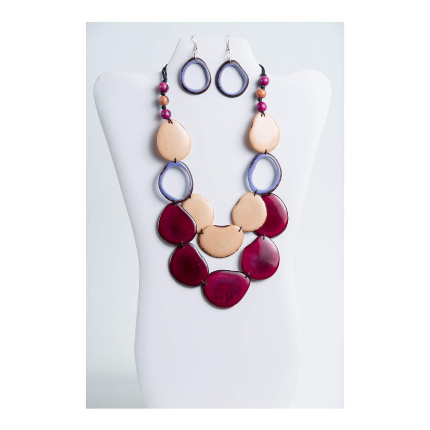 Burgundy and peach two stranded Necklace set