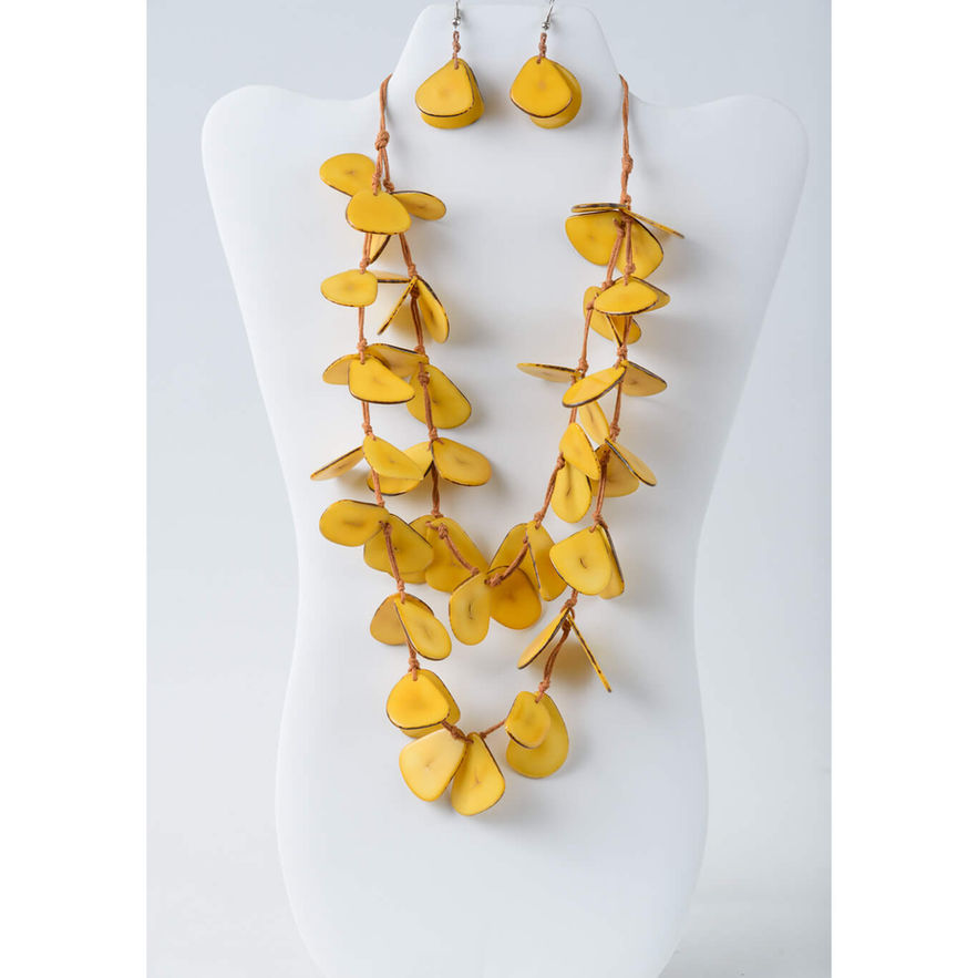 Beautiful yellow layered tagua necklace with matching earrings