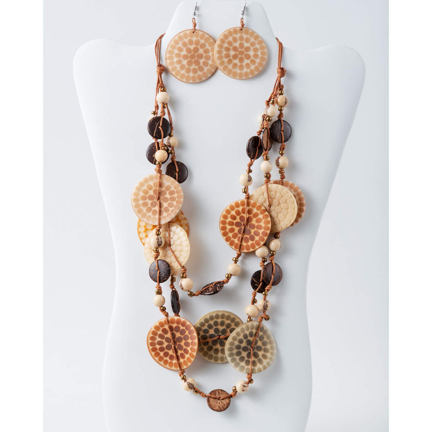 Earth toned Necklace and earrings set, Acai & Coconut Necklace made from tagua nut. Lightweight, handmade, organic, beautiful fashion jewellry.