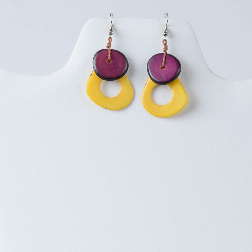 Maroon and yellow irregular dangle tagua earrings