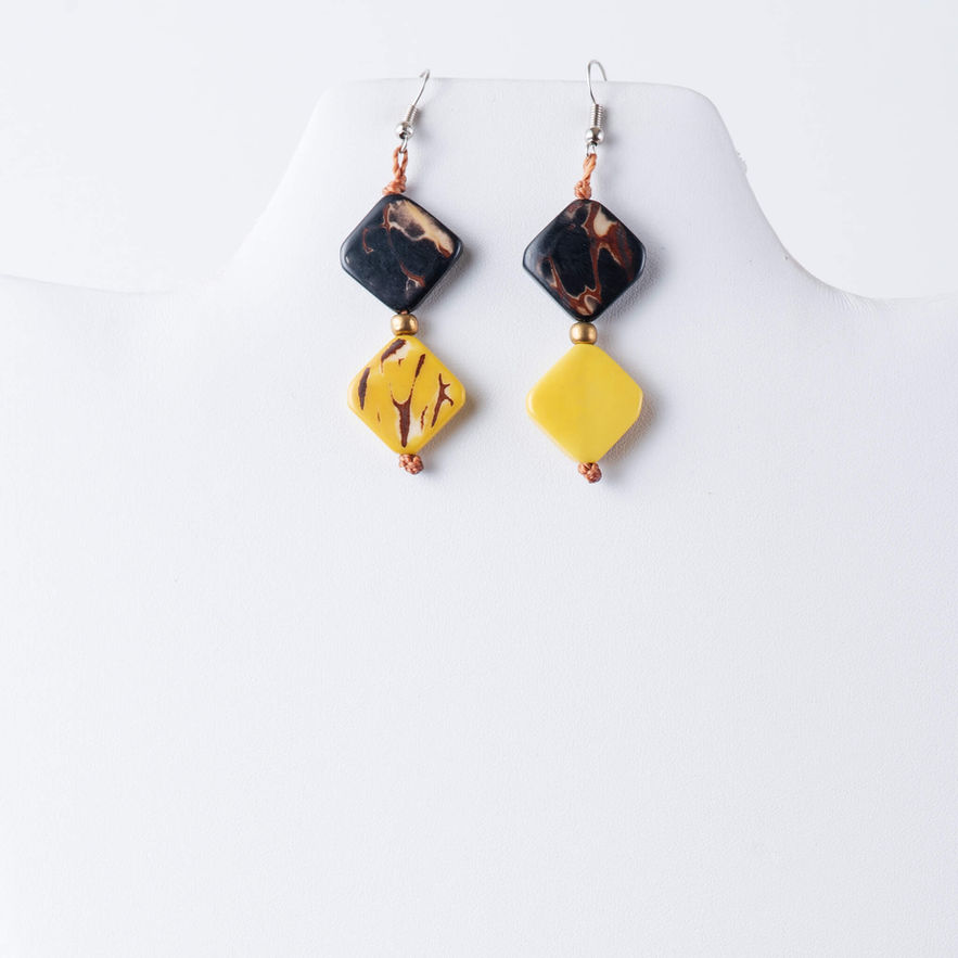 Black yellow diamond cut tagua earrings 