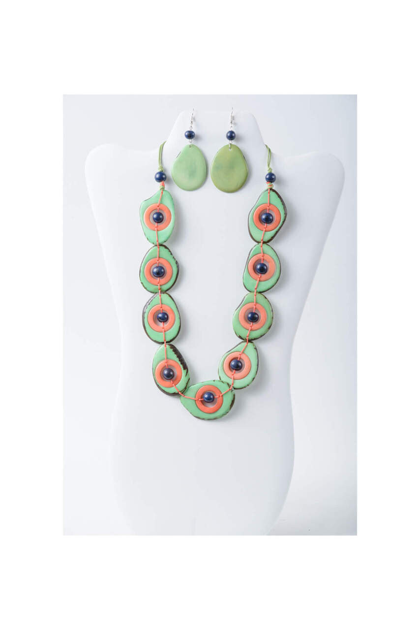 Tagua necklace, avocado slice design, matching earrings comfortable, adjustable lightweight, handcrafted, organic fashion jewelry made from tagua nut.