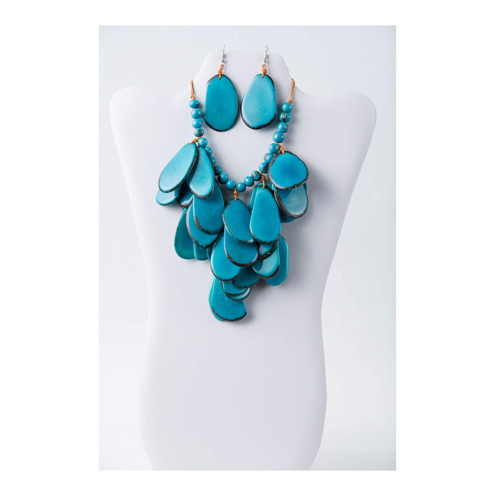 Handmade cascading tagua statement necklace and earrings set in blue tones