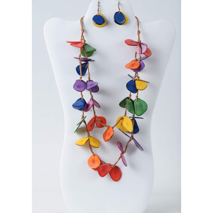 Multicolored tagua beaded necklace and matching earrings set.
