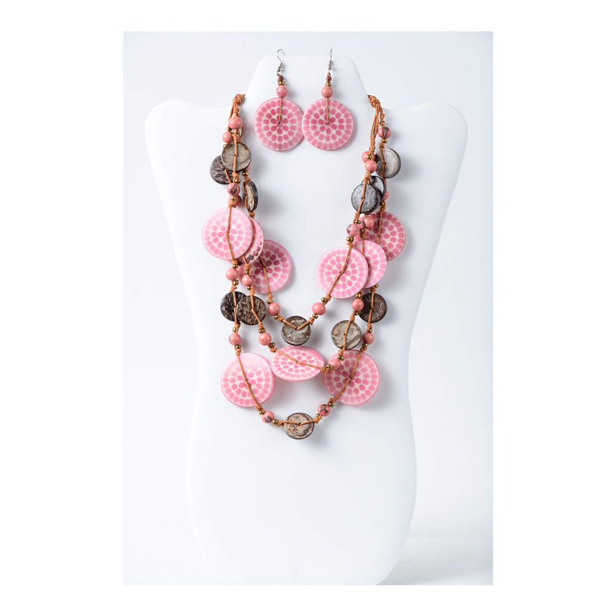 Elegant delicate Pink pastel Tagua and coconut necklace and earrings set. simple fashion accessory. handmade, organic and natural, lightweight. women's gift.
