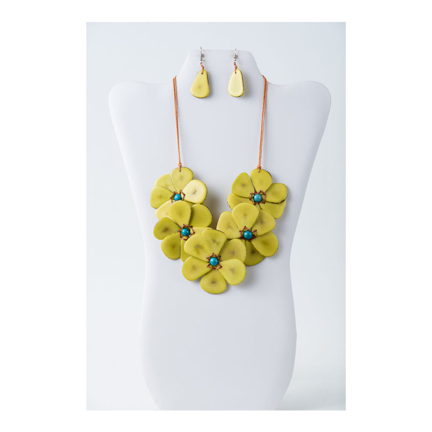 lemon yellow, lime green tagua Flower necklace with matching earrings.