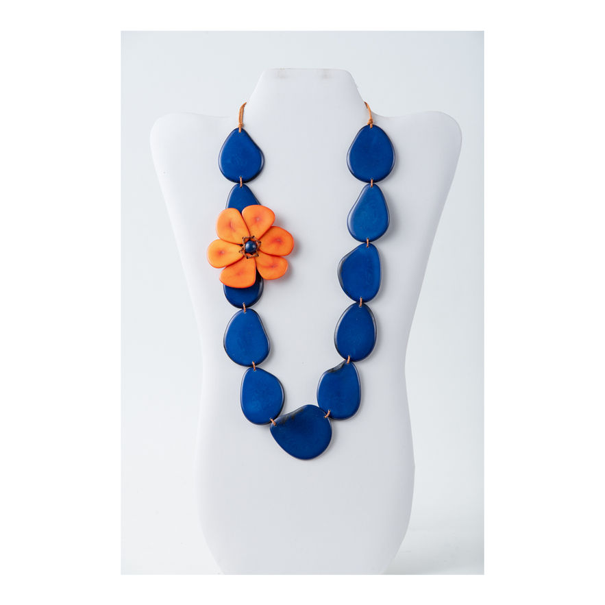 Royal Blue necklace with orange flower motif made from tagua, handcrafted, natural, light weight